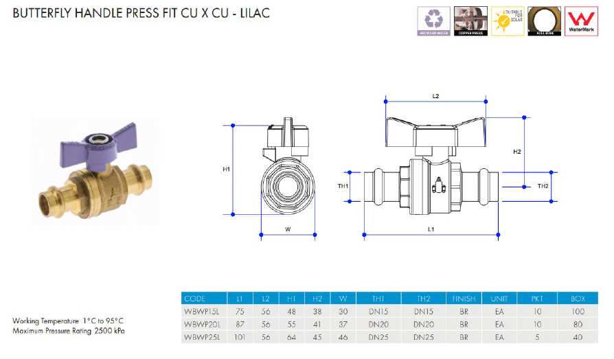 METPRESS Press Fit Butterfly Handle Ball Valve CU x CU - Lilac