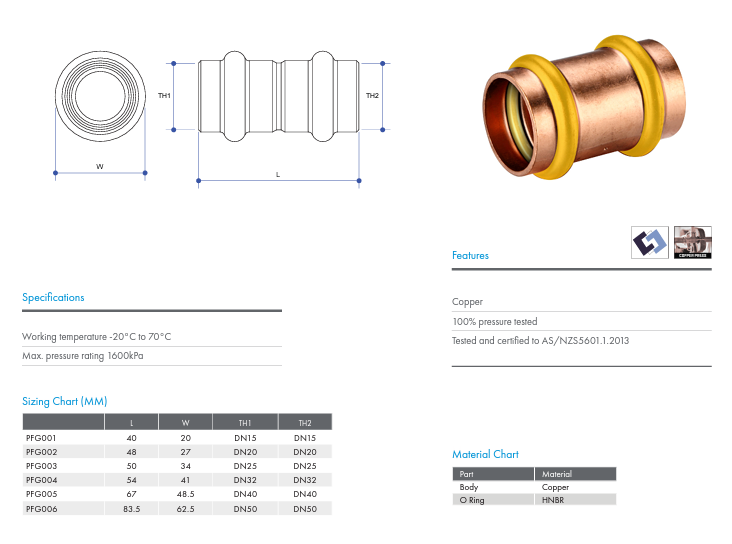 METPRESS Press Fit Gas Straight Coupling - Copper