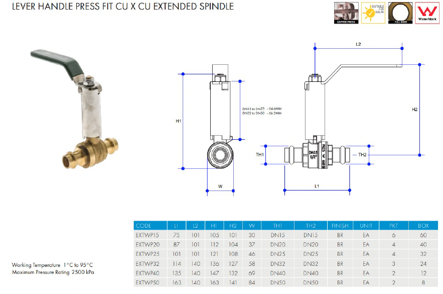 METPRESS Press Fit Lever Handle Ball Valve CU x CU Extended Spindle