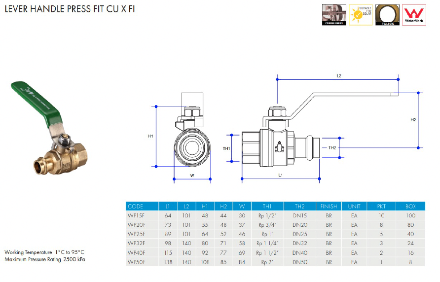 METPRESS Press Fit Lever Handle Ball Valve CU x FI