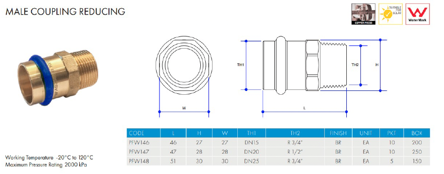 METPRESS Press Fit Male Reducing Coupling - Brass