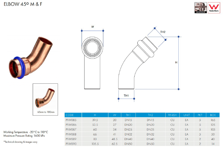 METPRESS Press Fit Elbow 45° M &amp; F