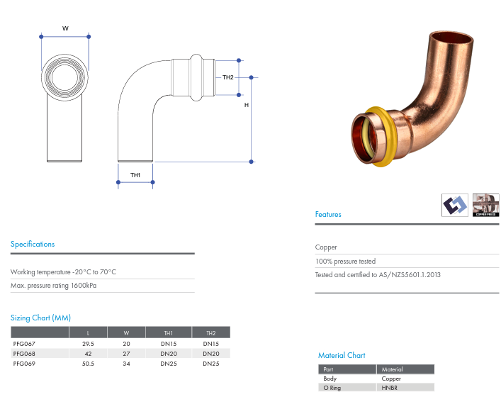 METPRESS Press Fit Gas Elbow 90° M &amp; F - Copper