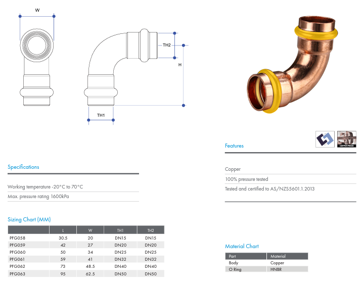 METPRESS Press Fit Gas Elbow 90° F &amp; F - Copper