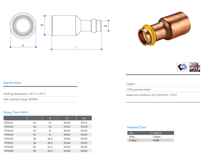 METPRESS Press Fit Gas Reducer M &amp; F - Copper