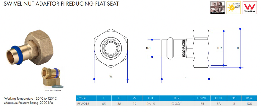 METPRESS Press Fit Swivel Nut Adaptor Female Flat Seat - Brass