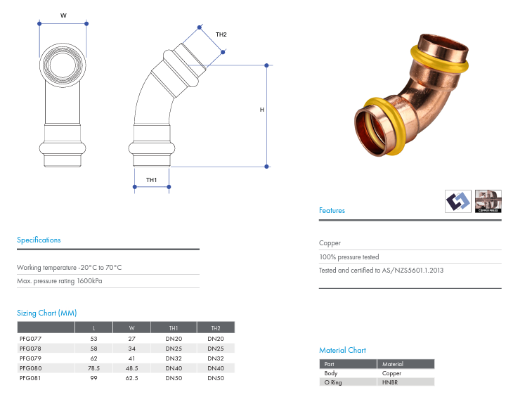 METPRESS Press Fit Gas Elbow 45° F &amp; F - Copper