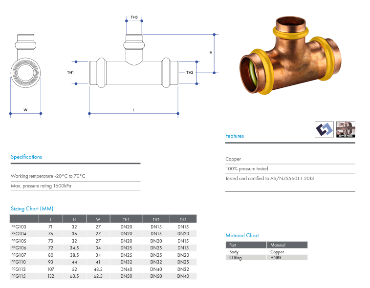 METPRESS Press Fit Gas Tee Reducing - Copper