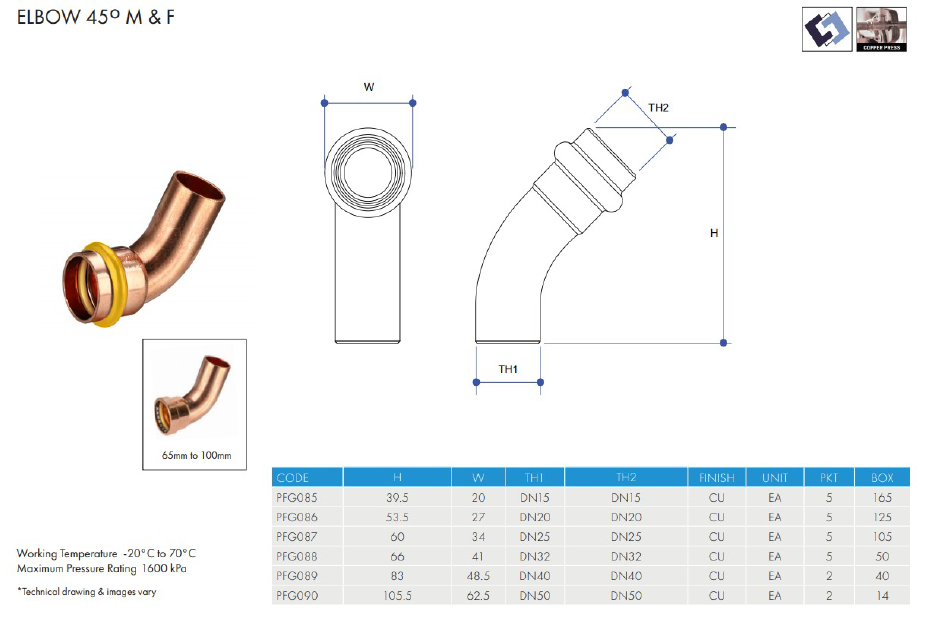 METPRESS Press Fit Gas Elbow 45° M &amp; F - Copper