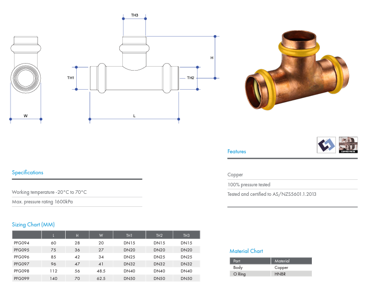 METPRESS Press Fit Gas Tee Equal - Copper