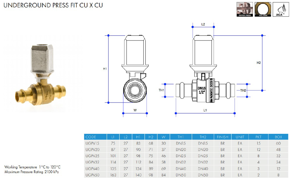 METPRESS Press Fit Gas Underground Ball Valve CU x CU