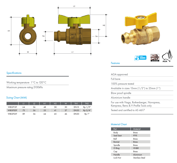 METPRESS Press Fit Gas Butterfly Handle Ball Valve CU x FI