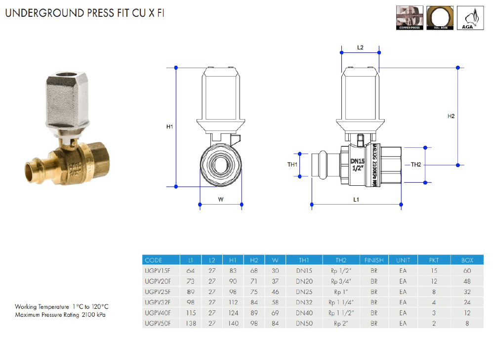 METPRESS Press Fit Gas Underground Ball Valve CU x FI