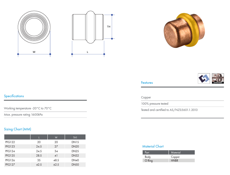 METPRESS Press Fit Gas End Cap - Copper