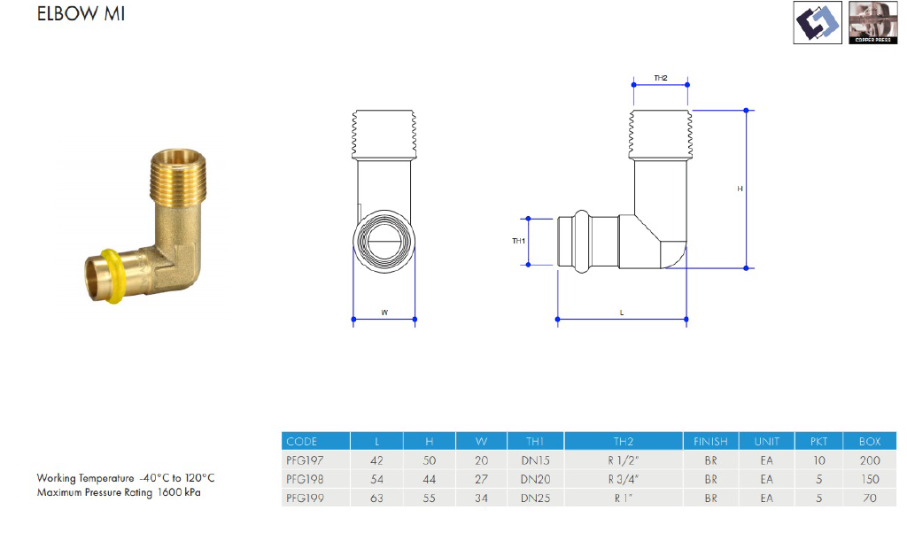 METPRESS Press Fit Gas Male Elbow - Brass