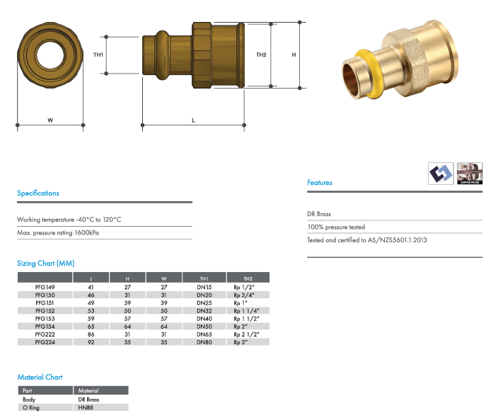 METPRESS Press Fit Gas Female Coupling Union - Brass