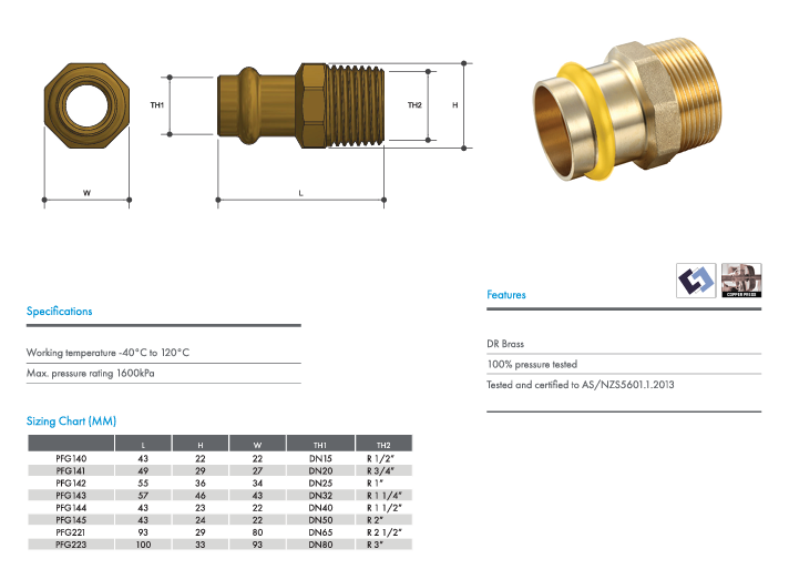 METPRESS Press Fit Gas Male Coupling - Brass