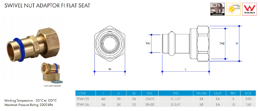 METPRESS Press Fit Swivel Nut Adaptor Female Flat Seat - Brass