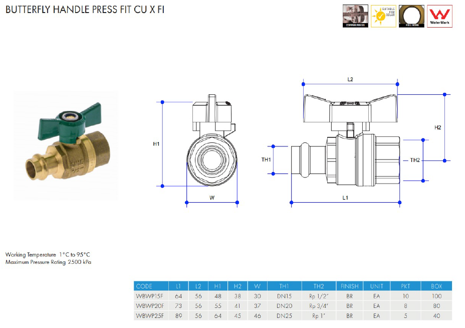 METPRESS Press Fit Butterfly Handle Ball Valve CU x FI