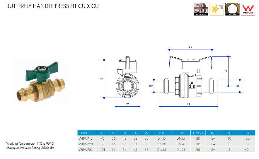 METPRESS Press Fit Butterfly Handle Ball Valve CU x CU