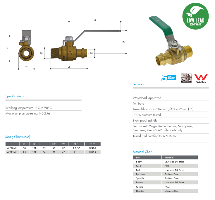 METPRESS Press Fit Ball Valve CU X MI Low Lead Lever Handle