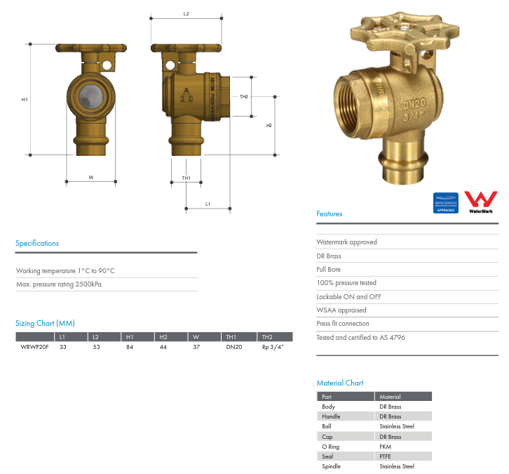 METPRESS Press Fit Right Angle CU x FI Lockable Wheel Handle Ball Valve