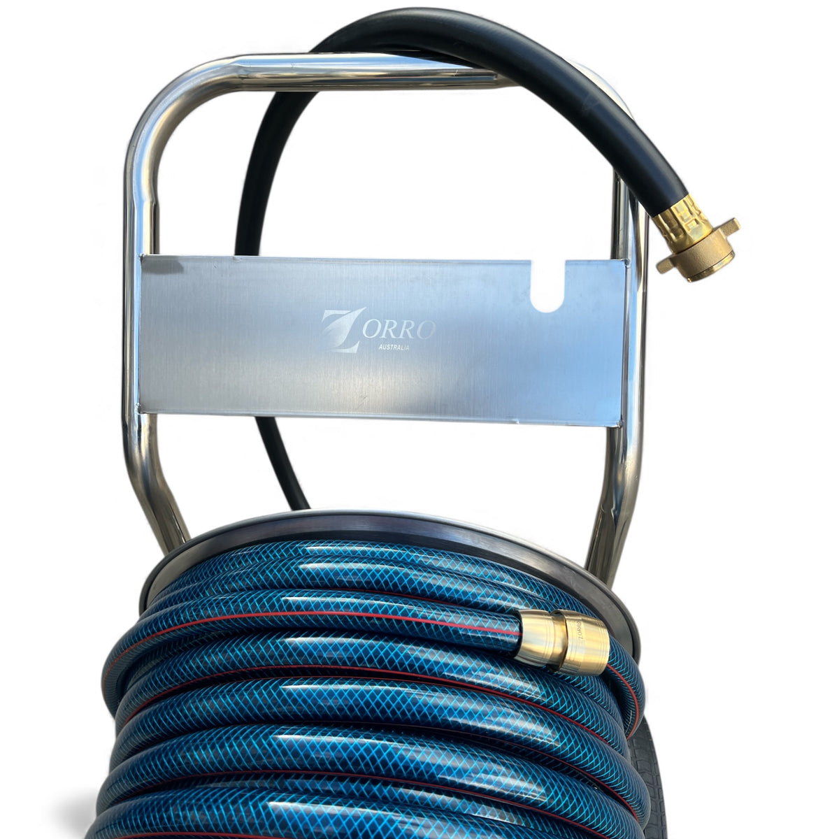 ZORRO Stainless Steel 4 Wheel Trolley with Ozflex Hose & Brass Connector