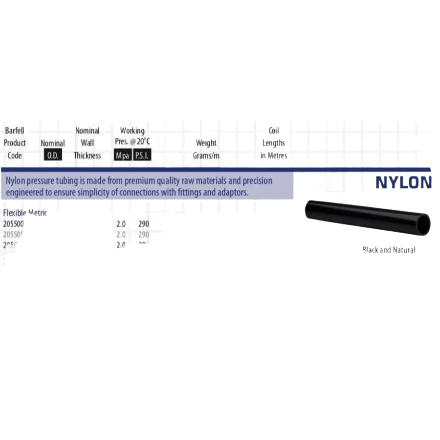 BARFELL Black Nylon Tubing 100M X 1000PSI available in various sizes