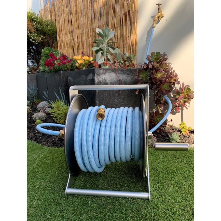 Garden Hose Reel Stand with Water Pipe and Gun, Stainless Steel