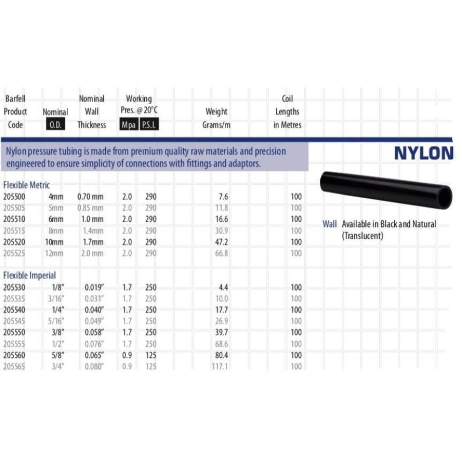 BARFELL Black Nylon Flexible Imperial Tubing 100M X 1000PSI available in various sizes